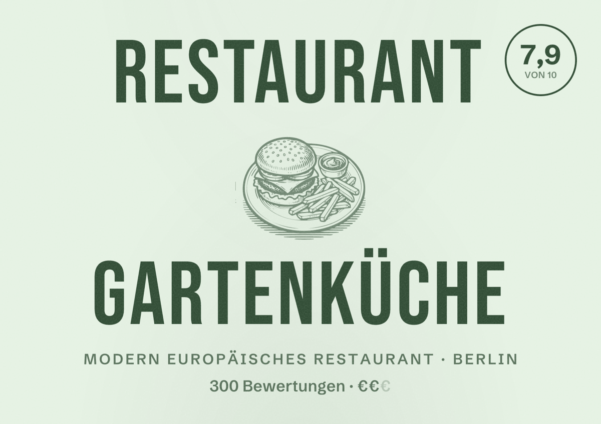 Illustriertes Poster von Restaurant Gartenküche, Modern europäisches Restaurant in Berlin: Bewertung 7,9 von 10 aus 300 Bewertungen, Preisniveau €€