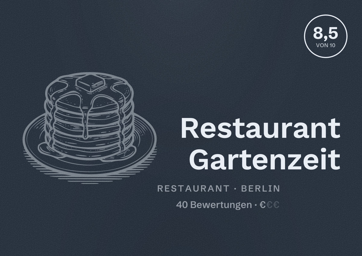 Illustriertes Poster von Restaurant Gartenzeit, Restaurant in Berlin: Bewertung 8,5 von 10 aus 40 Bewertungen, Preisniveau €