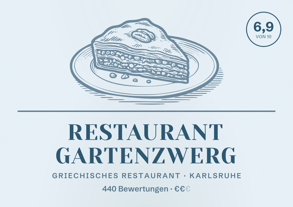 Illustriertes Poster von Restaurant Gartenzwerg, Griechisches Restaurant in Karlsruhe: Bewertung 6,9 von 10 aus 440 Bewertungen, Preisniveau €€