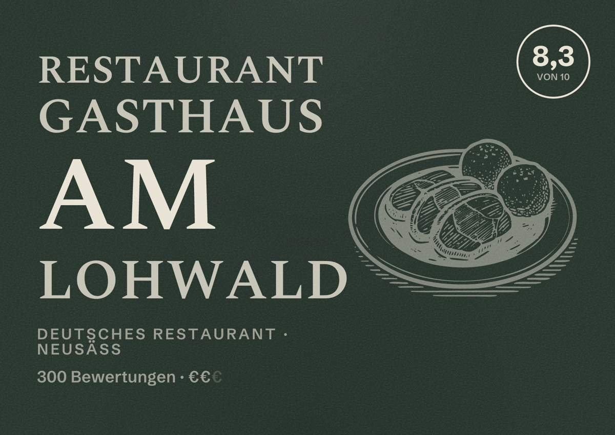 Illustriertes Poster von Restaurant Gasthaus am Lohwald, Deutsches Restaurant in Neusäß: Bewertung 8,3 von 10 aus 300 Bewertungen, Preisniveau €€