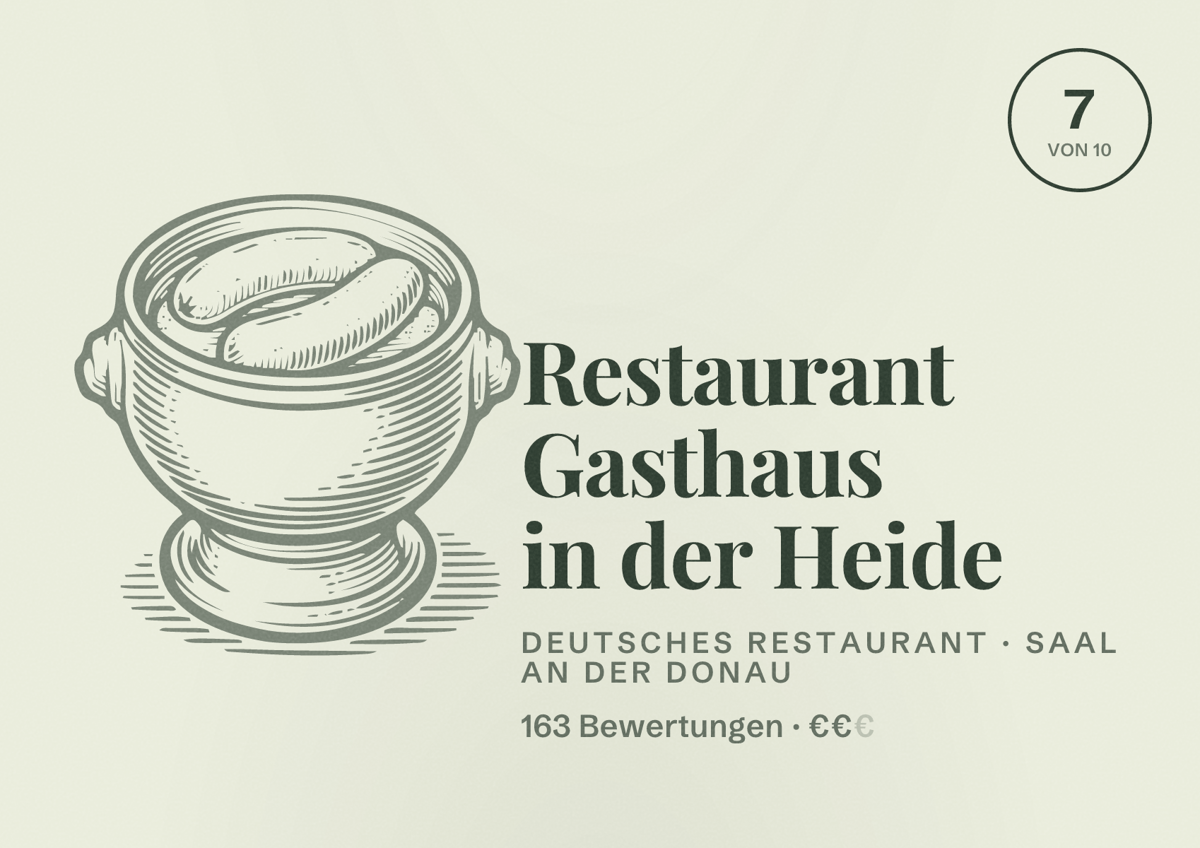 Illustriertes Poster von Restaurant Gasthaus in der Heide, Deutsches Restaurant in Saal an der Donau: Bewertung 7 von 10 aus 163 Bewertungen, Preisniveau €€
