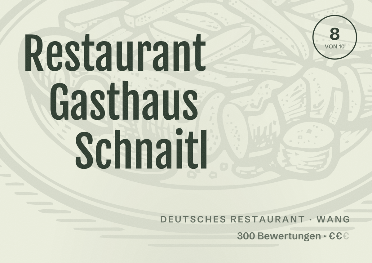 Illustriertes Poster von Restaurant Gasthaus Schnaitl, Deutsches Restaurant in Wang: Bewertung 8 von 10 aus 300 Bewertungen, Preisniveau €€