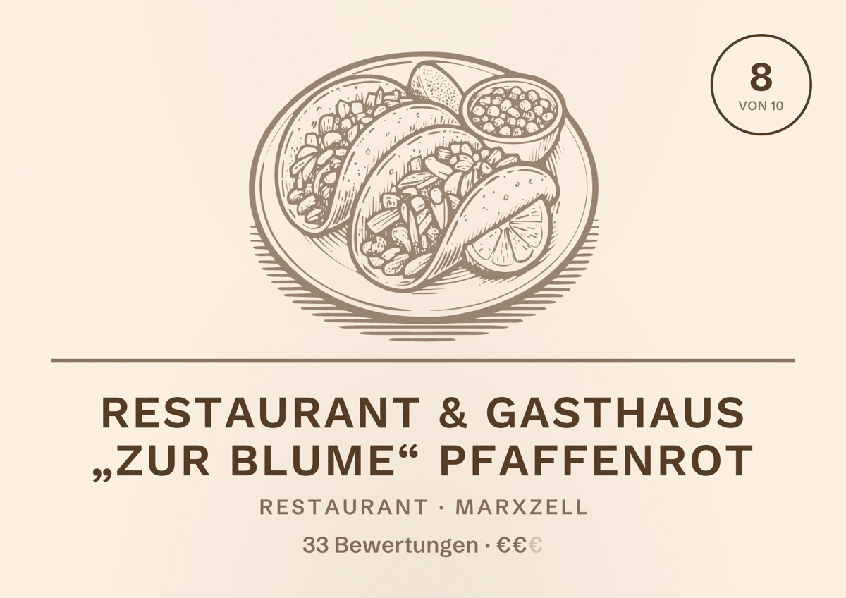 Illustriertes Poster von Restaurant & Gasthaus „Zur Blume“ Pfaffenrot, Restaurant in Marxzell: Bewertung 8 von 10 aus 33 Bewertungen, Preisniveau €€