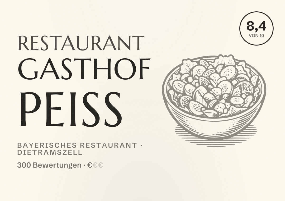 Illustriertes Poster von Restaurant Gasthof Peiß, Bayerisches Restaurant in Dietramszell: Bewertung 8,4 von 10 aus 300 Bewertungen, Preisniveau €