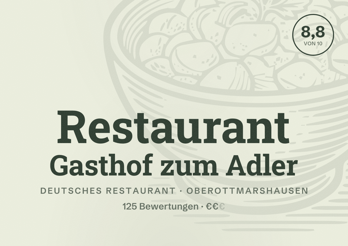 Illustriertes Poster von Restaurant Gasthof zum Adler, Deutsches Restaurant in Oberottmarshausen: Bewertung 8,8 von 10 aus 125 Bewertungen, Preisniveau €€
