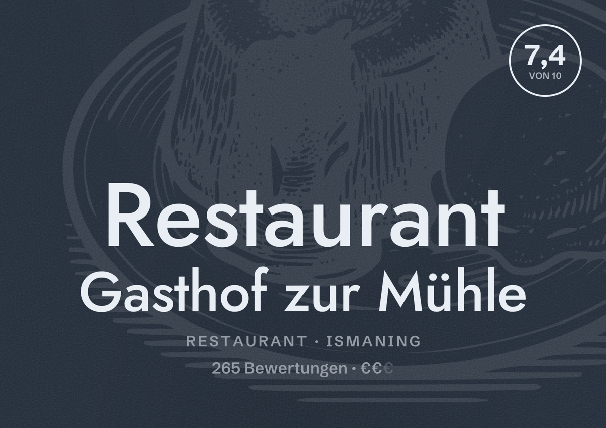 Illustriertes Poster von Restaurant Gasthof zur Mühle, Restaurant in Ismaning: Bewertung 7,4 von 10 aus 265 Bewertungen, Preisniveau €€
