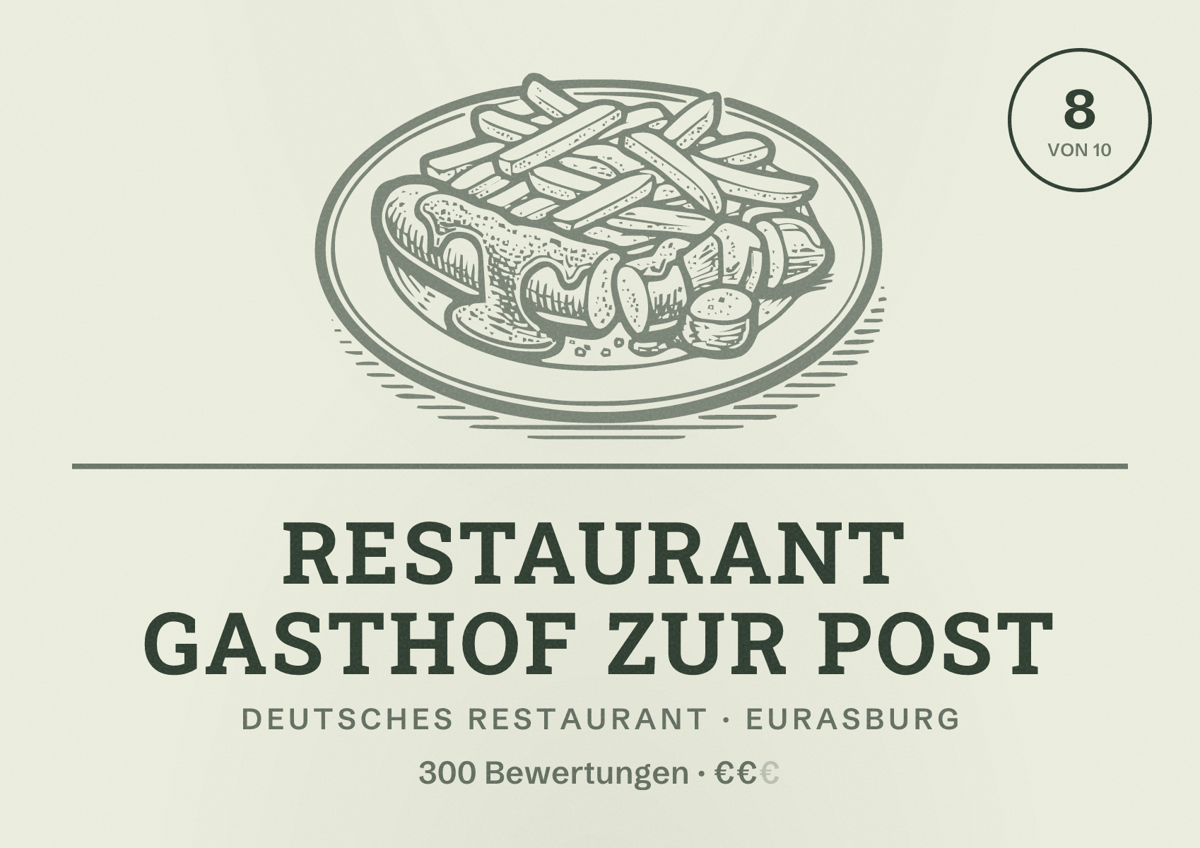 Illustriertes Poster von Restaurant Gasthof Zur Post, Deutsches Restaurant in Eurasburg: Bewertung 8 von 10 aus 300 Bewertungen, Preisniveau €€