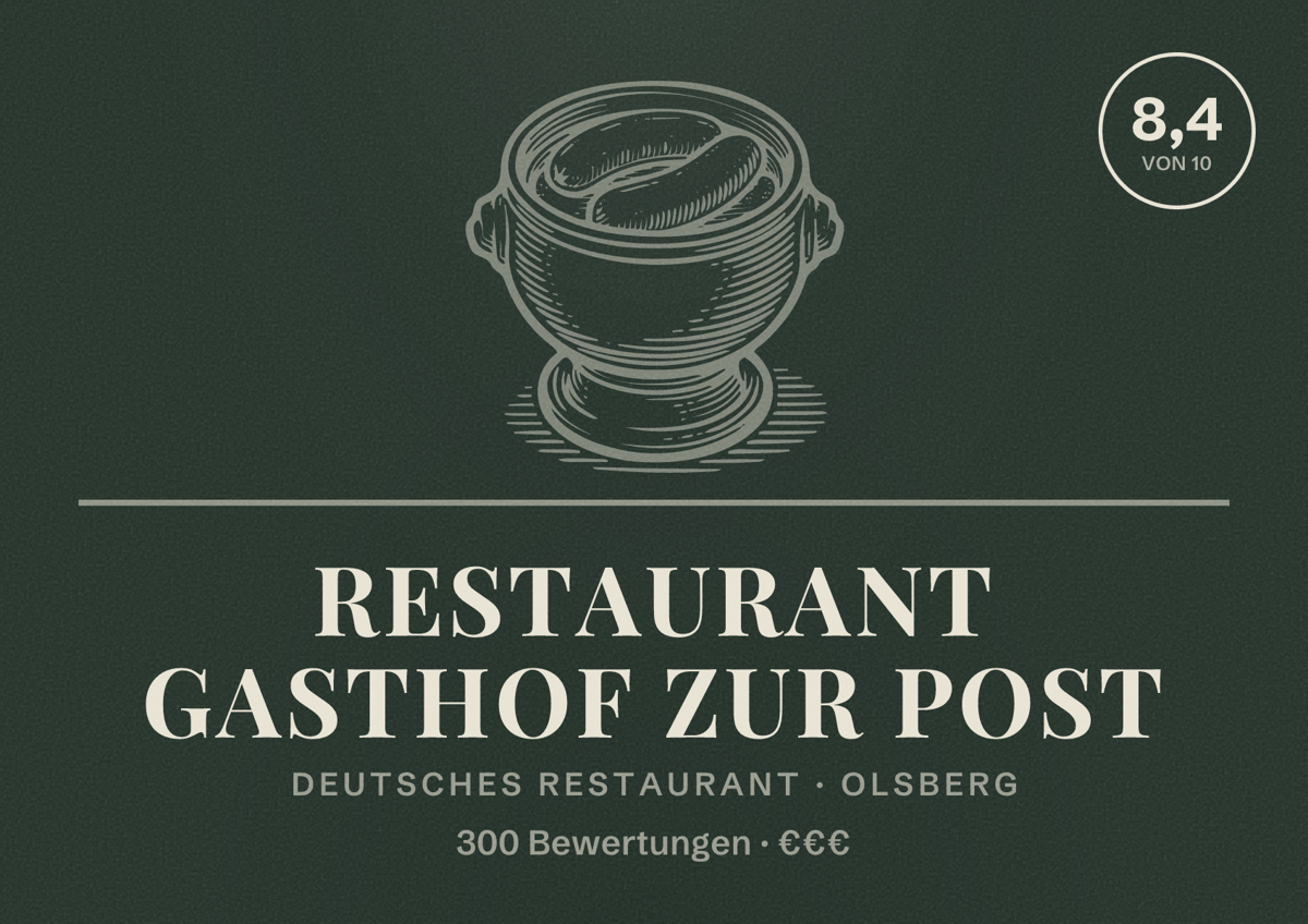 Illustriertes Poster von Restaurant Gasthof zur Post, Deutsches Restaurant in Olsberg: Bewertung 8,4 von 10 aus 300 Bewertungen, Preisniveau €€€