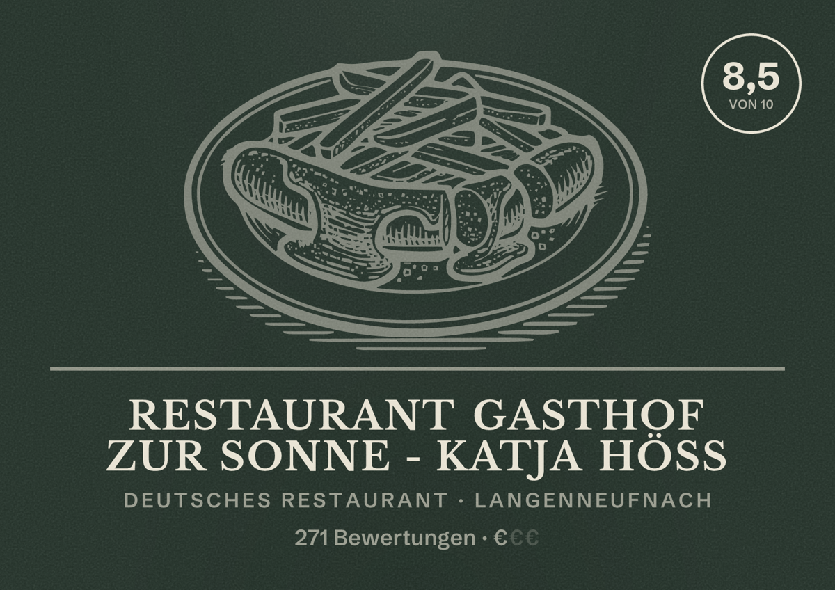 Illustriertes Poster von Restaurant Gasthof Zur Sonne - Katja Höß, Deutsches Restaurant in Langenneufnach: Bewertung 8,5 von 10 aus 271 Bewertungen, Preisniveau €