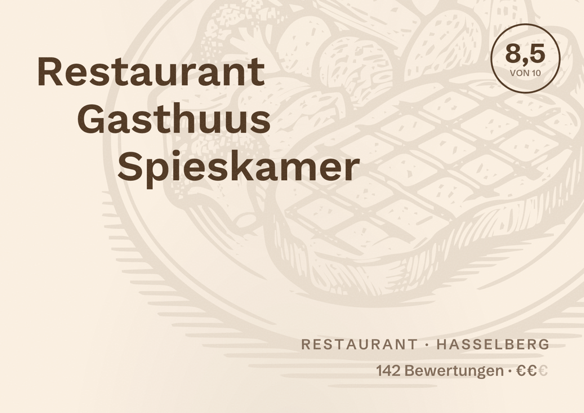 Illustriertes Poster von Restaurant Gasthuus Spieskamer, Restaurant in Hasselberg: Bewertung 8,5 von 10 aus 142 Bewertungen, Preisniveau €€