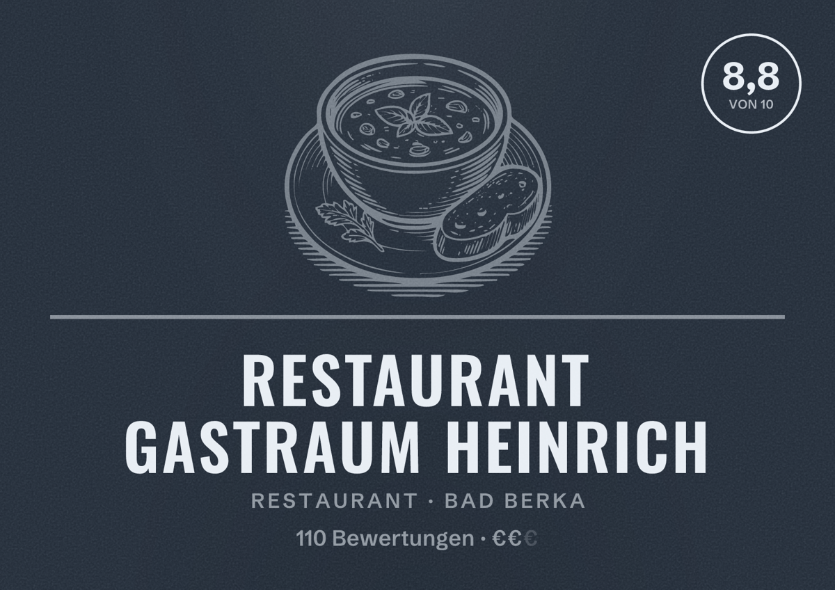 Illustriertes Poster von Restaurant GastRaum Heinrich, Restaurant in Bad Berka: Bewertung 8,8 von 10 aus 110 Bewertungen, Preisniveau €€