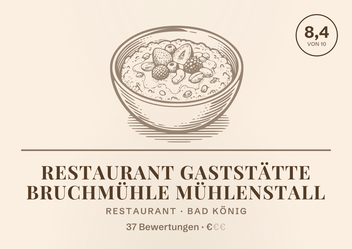 Illustriertes Poster von Restaurant Gaststätte Bruchmühle Mühlenstall, Restaurant in Bad König: Bewertung 8,4 von 10 aus 37 Bewertungen, Preisniveau €