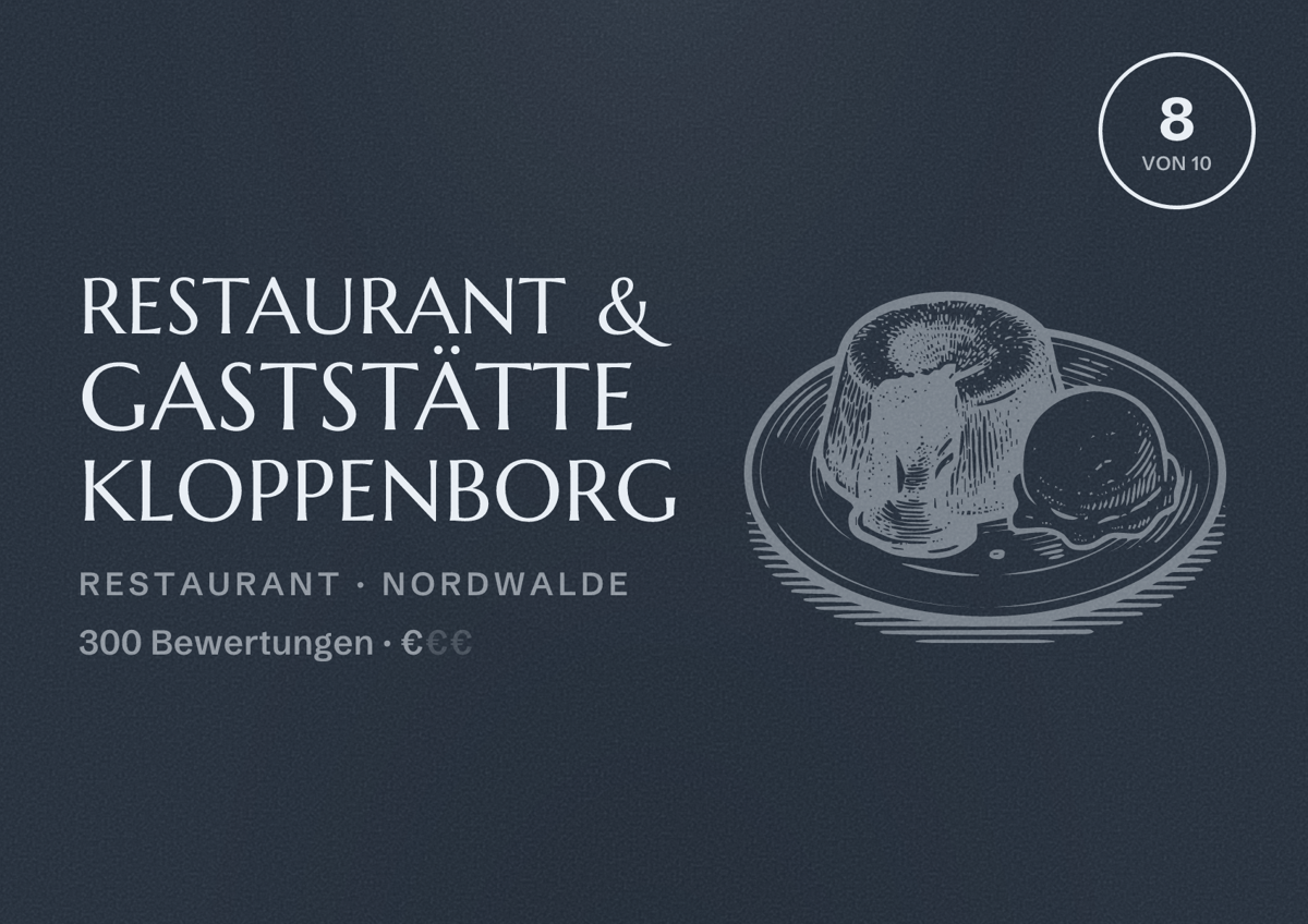 Illustriertes Poster von Restaurant & Gaststätte Kloppenborg, Restaurant in Nordwalde: Bewertung 8 von 10 aus 300 Bewertungen, Preisniveau €