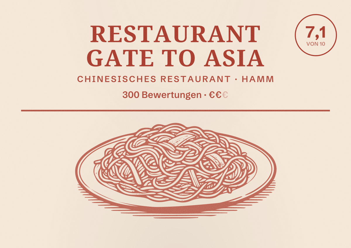 Illustriertes Poster von Restaurant Gate to Asia, Chinesisches Restaurant in Hamm: Bewertung 7,1 von 10 aus 300 Bewertungen, Preisniveau €€