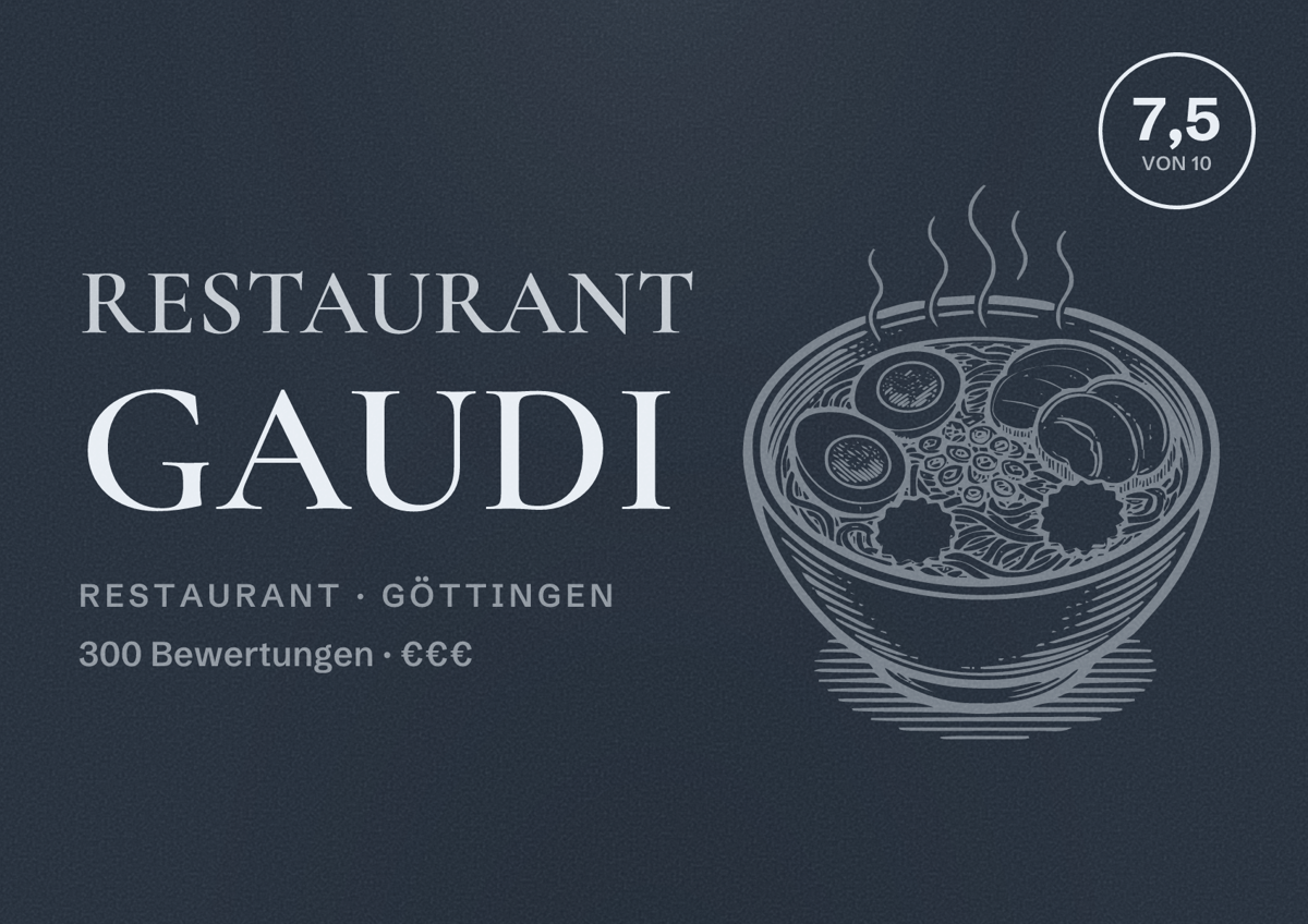 Illustriertes Poster von Restaurant Gaudi, Restaurant in Göttingen: Bewertung 7,5 von 10 aus 300 Bewertungen, Preisniveau €€€