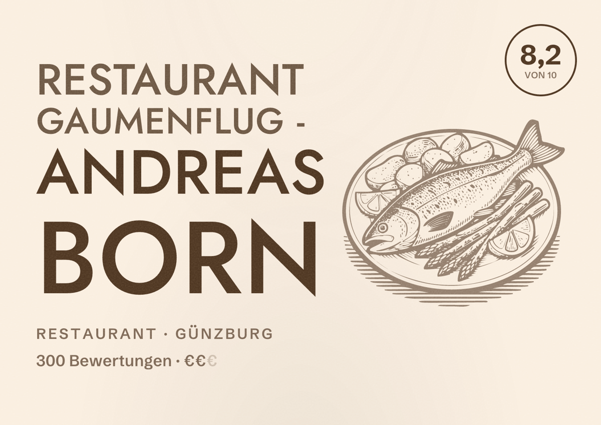 Illustriertes Poster von Restaurant Gaumenflug - Andreas Born, Restaurant in Günzburg: Bewertung 8,2 von 10 aus 300 Bewertungen, Preisniveau €€