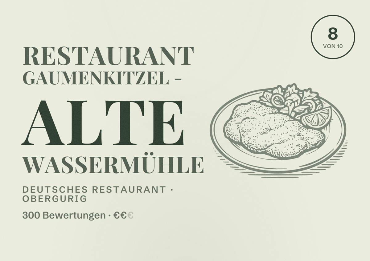 Illustriertes Poster von Restaurant Gaumenkitzel - Alte Wassermühle, Deutsches Restaurant in Obergurig: Bewertung 8 von 10 aus 300 Bewertungen, Preisniveau €€