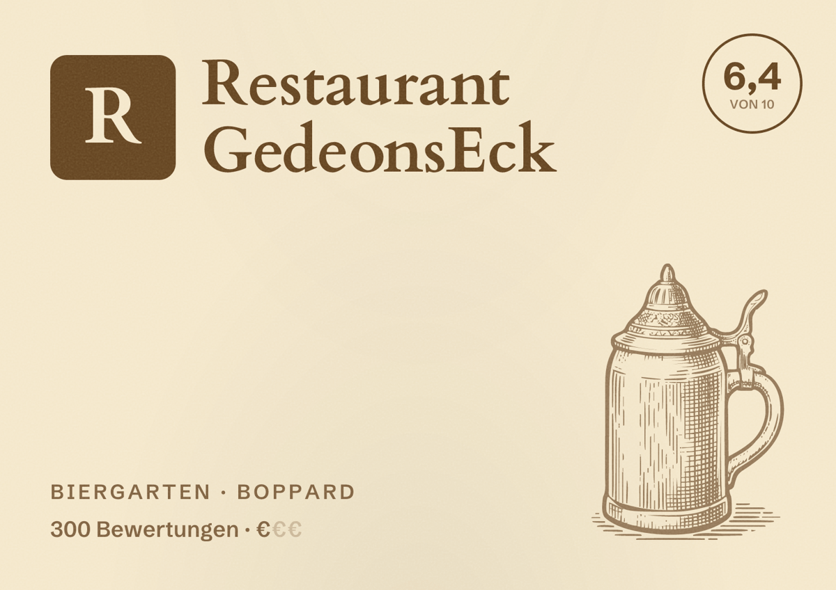 Illustriertes Poster von Restaurant GedeonsEck, Biergarten in Boppard: Bewertung 6,4 von 10 aus 300 Bewertungen, Preisniveau €