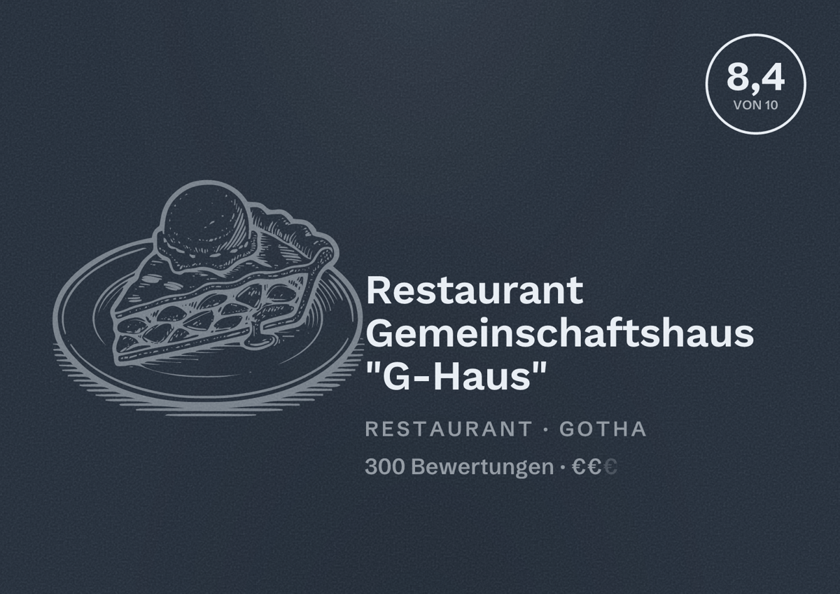Illustriertes Poster von Restaurant Gemeinschaftshaus "G-Haus", Restaurant in Gotha: Bewertung 8,4 von 10 aus 300 Bewertungen, Preisniveau €€