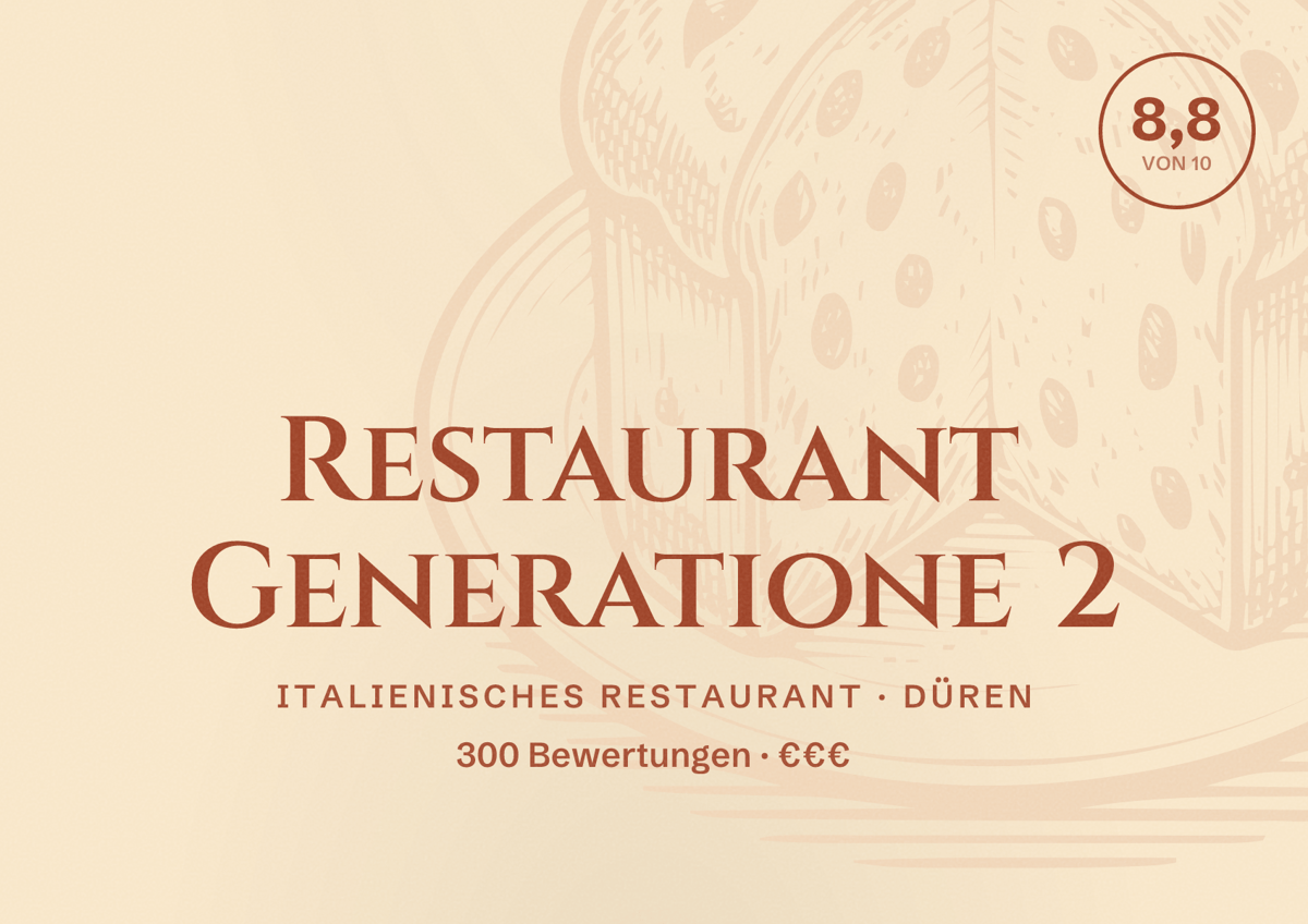 Illustriertes Poster von Restaurant Generatione 2, Italienisches Restaurant in Düren: Bewertung 8,8 von 10 aus 300 Bewertungen, Preisniveau €€€