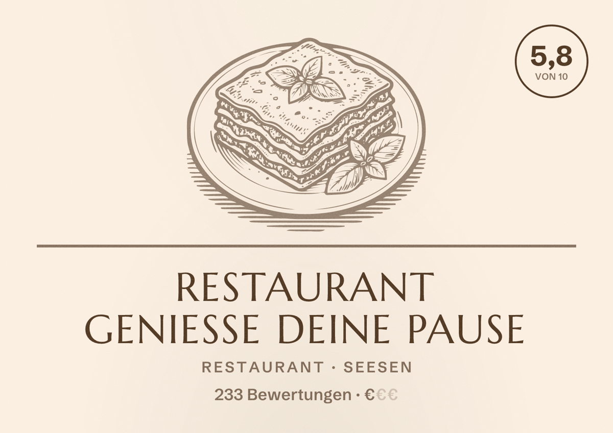 Illustriertes Poster von Restaurant Genieße Deine Pause, Restaurant in Seesen: Bewertung 5,8 von 10 aus 233 Bewertungen, Preisniveau €