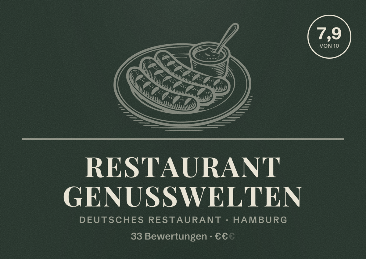 Illustriertes Poster von Restaurant Genusswelten, Deutsches Restaurant in Hamburg: Bewertung 7,9 von 10 aus 33 Bewertungen, Preisniveau €€