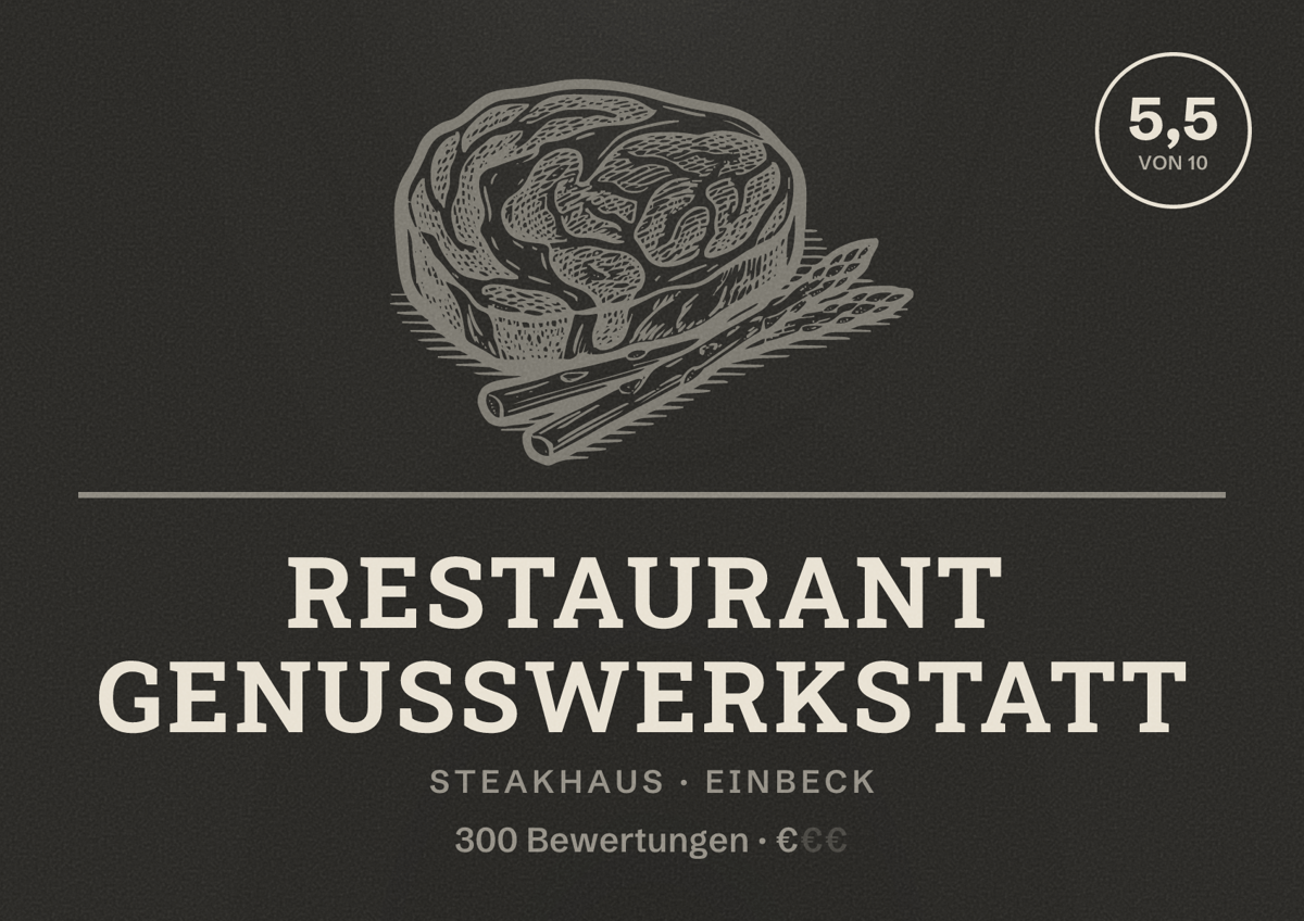 Illustriertes Poster von Restaurant GENUSSWERKSTATT, Steakhaus in Einbeck: Bewertung 5,5 von 10 aus 300 Bewertungen, Preisniveau €