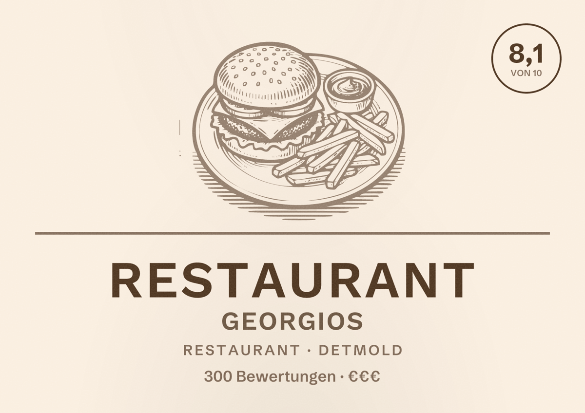Illustriertes Poster von Restaurant Georgios, Restaurant in Detmold: Bewertung 8,1 von 10 aus 300 Bewertungen, Preisniveau €€€