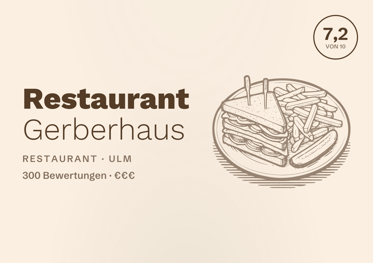 Illustriertes Poster von Restaurant Gerberhaus, Restaurant in Ulm: Bewertung 7,2 von 10 aus 300 Bewertungen, Preisniveau €€€