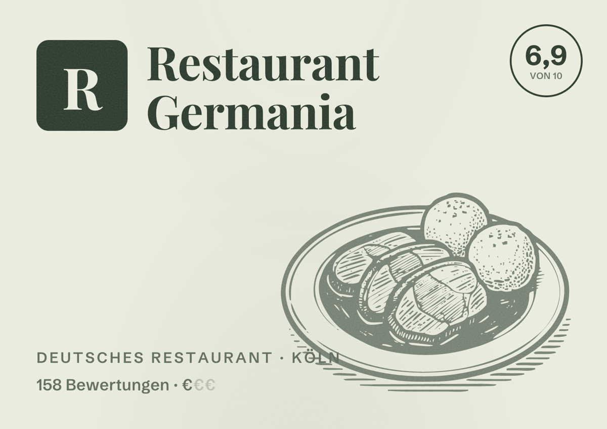 Illustriertes Poster von Restaurant Germania, Deutsches Restaurant in Köln: Bewertung 6,9 von 10 aus 158 Bewertungen, Preisniveau €