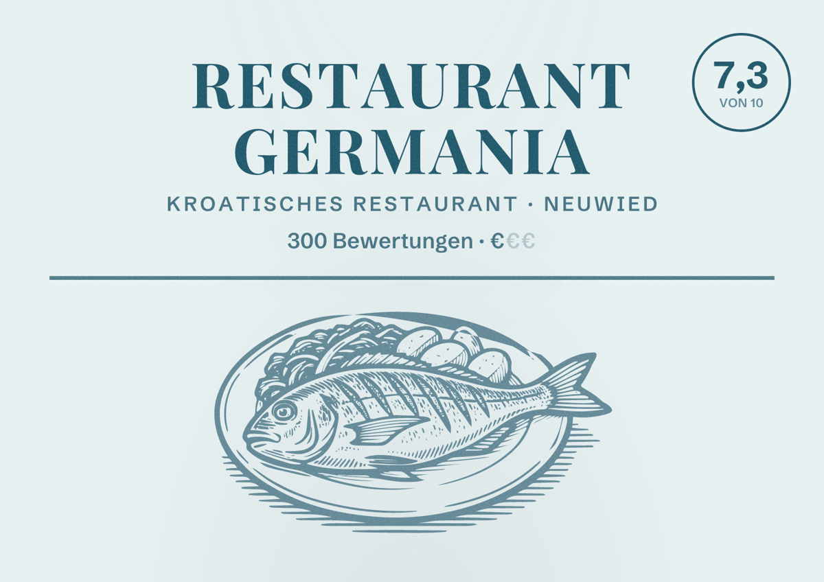 Illustriertes Poster von Restaurant Germania, Kroatisches Restaurant in Neuwied: Bewertung 7,3 von 10 aus 300 Bewertungen, Preisniveau €