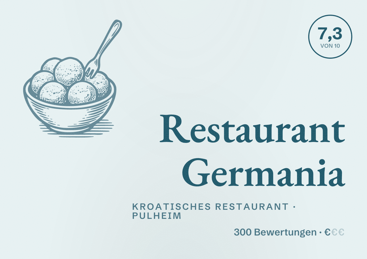 Illustriertes Poster von Restaurant Germania, Kroatisches Restaurant in Pulheim: Bewertung 7,3 von 10 aus 300 Bewertungen, Preisniveau €