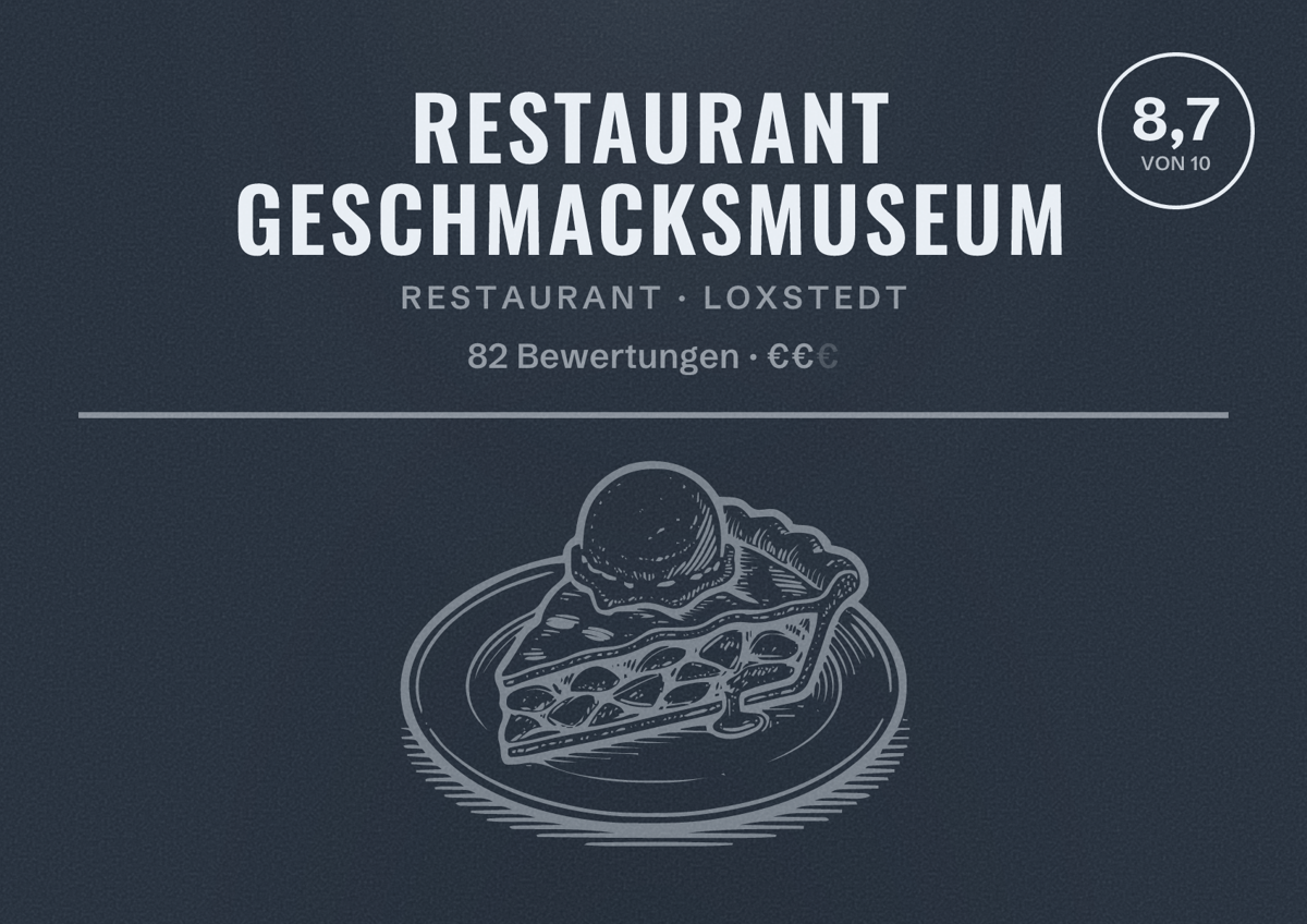 Illustriertes Poster von Restaurant Geschmacksmuseum, Restaurant in Loxstedt: Bewertung 8,7 von 10 aus 82 Bewertungen, Preisniveau €€