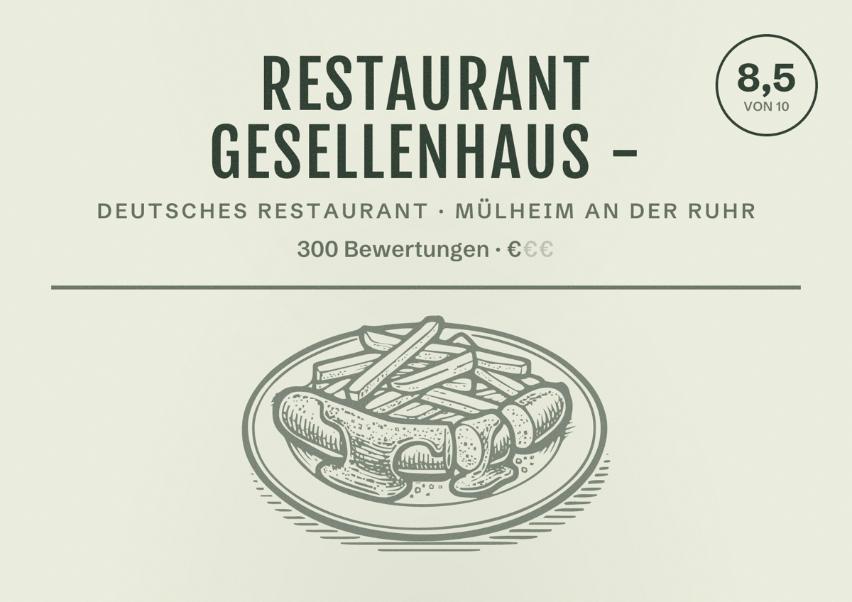 Illustriertes Poster von Restaurant Gesellenhaus -, Deutsches Restaurant in Mülheim an der Ruhr: Bewertung 8,5 von 10 aus 300 Bewertungen, Preisniveau €