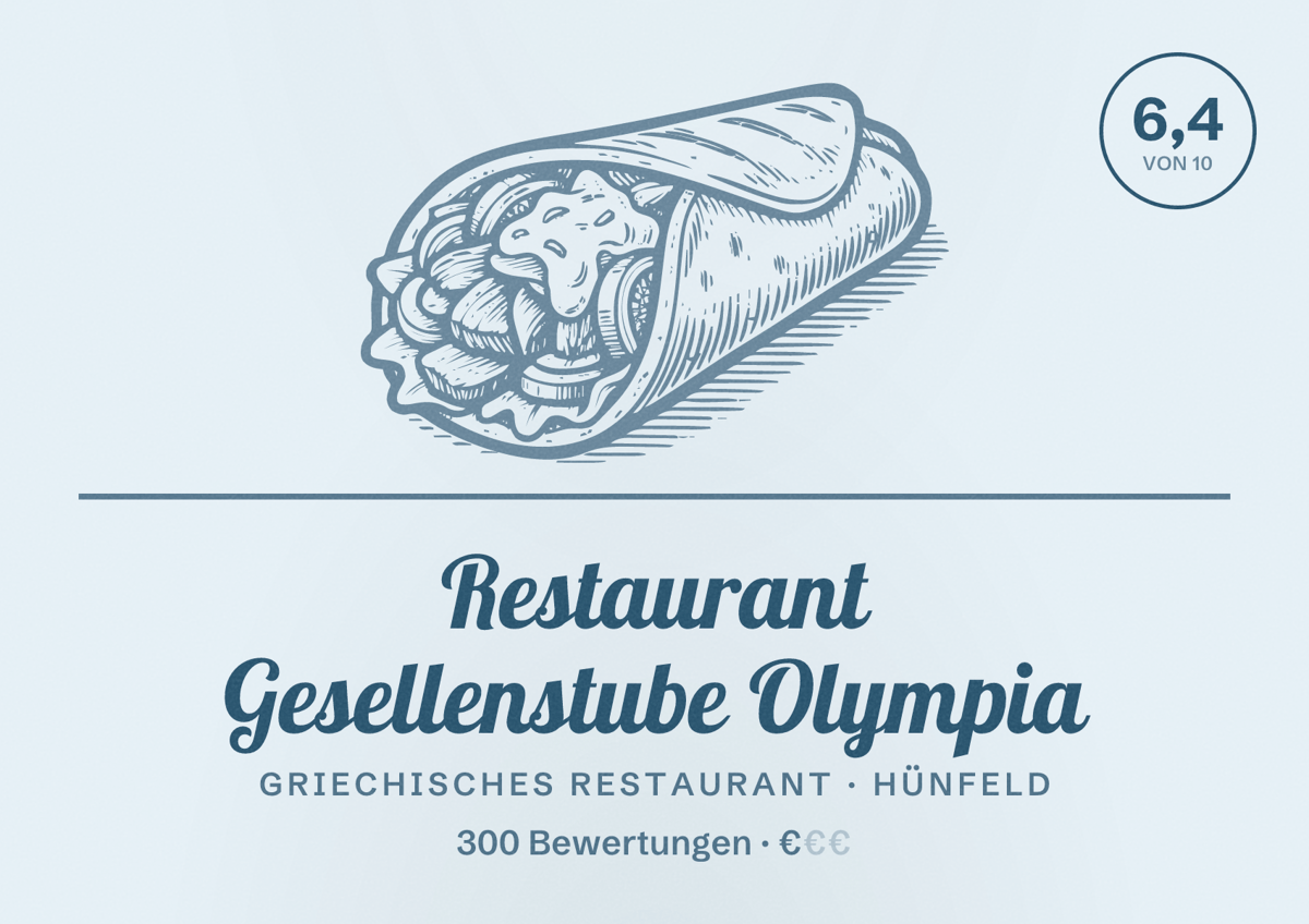 Illustriertes Poster von Restaurant Gesellenstube Olympia, Griechisches Restaurant in Hünfeld: Bewertung 6,4 von 10 aus 300 Bewertungen, Preisniveau €