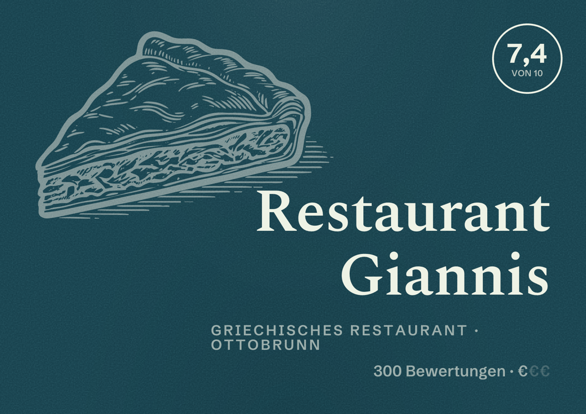 Illustriertes Poster von Restaurant Giannis, Griechisches Restaurant in Ottobrunn: Bewertung 7,4 von 10 aus 300 Bewertungen, Preisniveau €