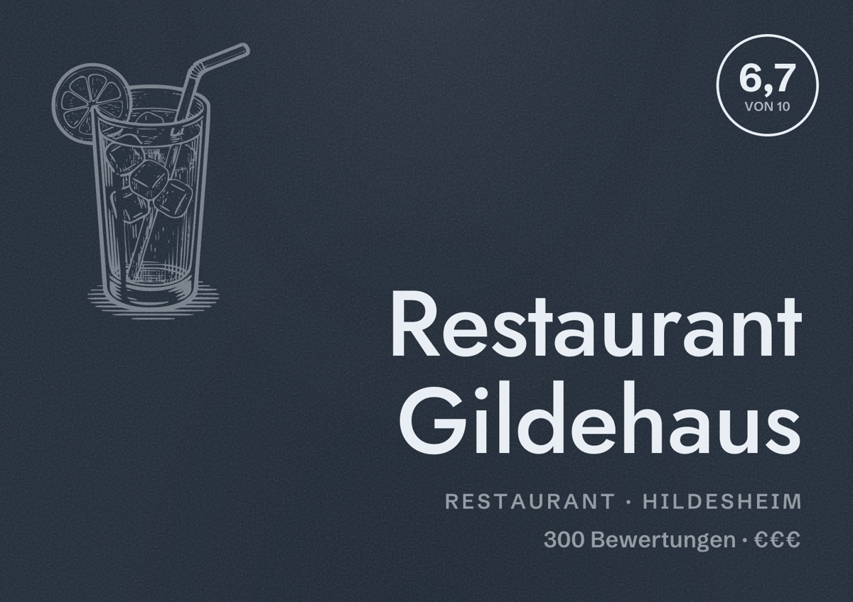 Illustriertes Poster von Restaurant Gildehaus, Restaurant in Hildesheim: Bewertung 6,7 von 10 aus 300 Bewertungen, Preisniveau €€€