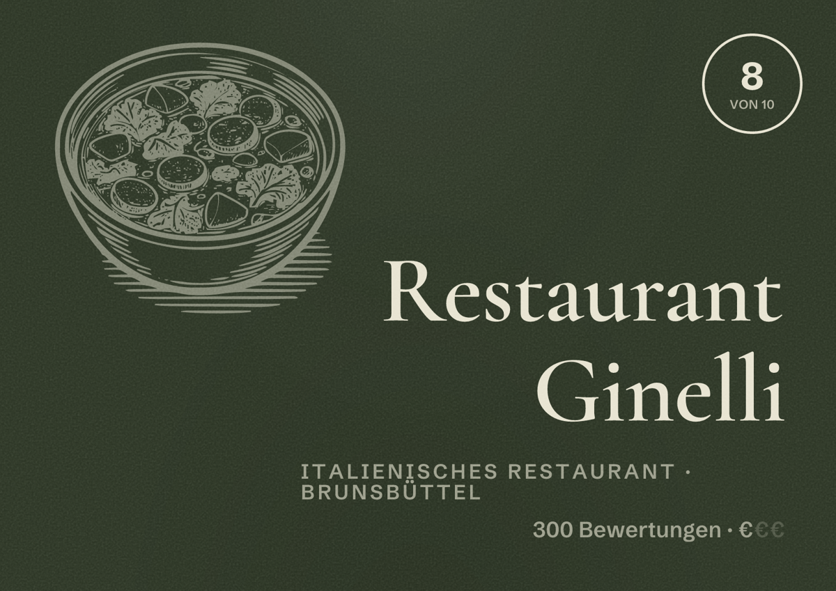 Illustriertes Poster von Restaurant Ginelli, Italienisches Restaurant in Brunsbüttel: Bewertung 8 von 10 aus 300 Bewertungen, Preisniveau €