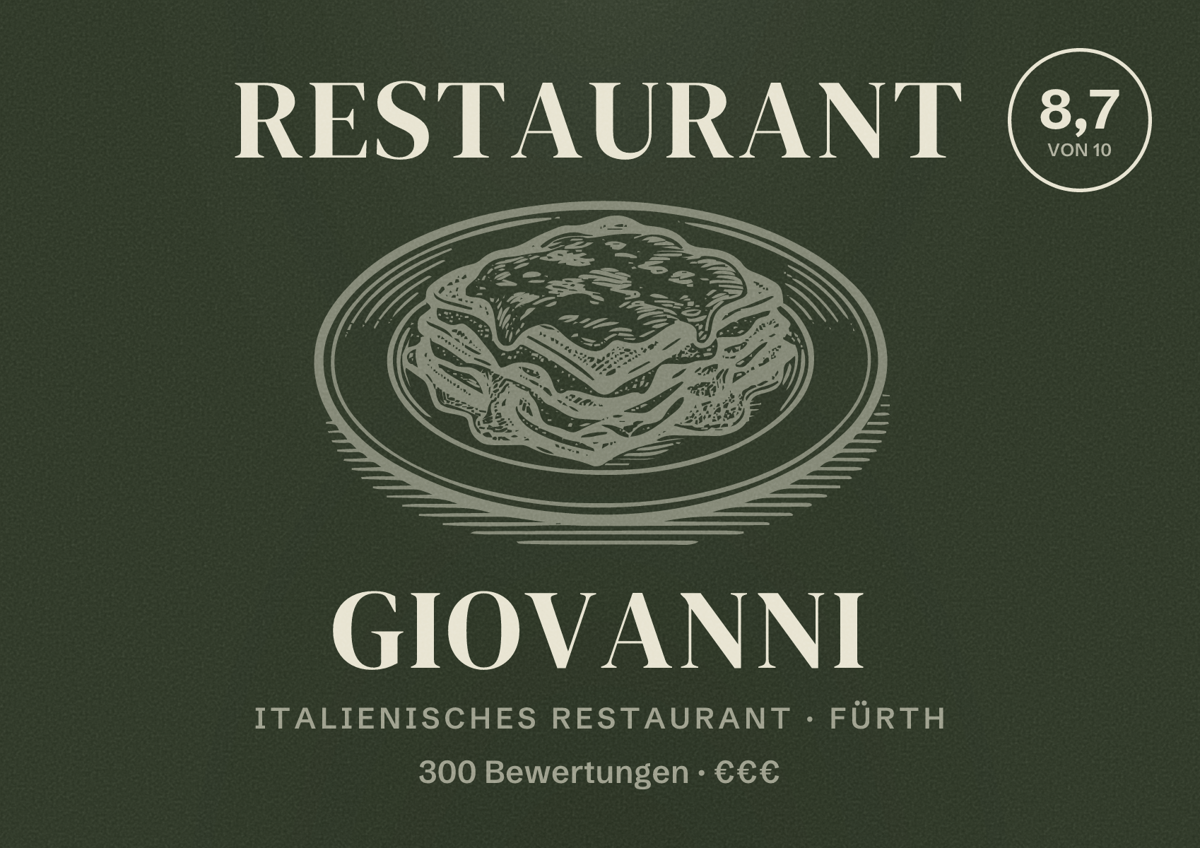 Illustriertes Poster von Restaurant Giovanni, Italienisches Restaurant in Fürth: Bewertung 8,7 von 10 aus 300 Bewertungen, Preisniveau €€€