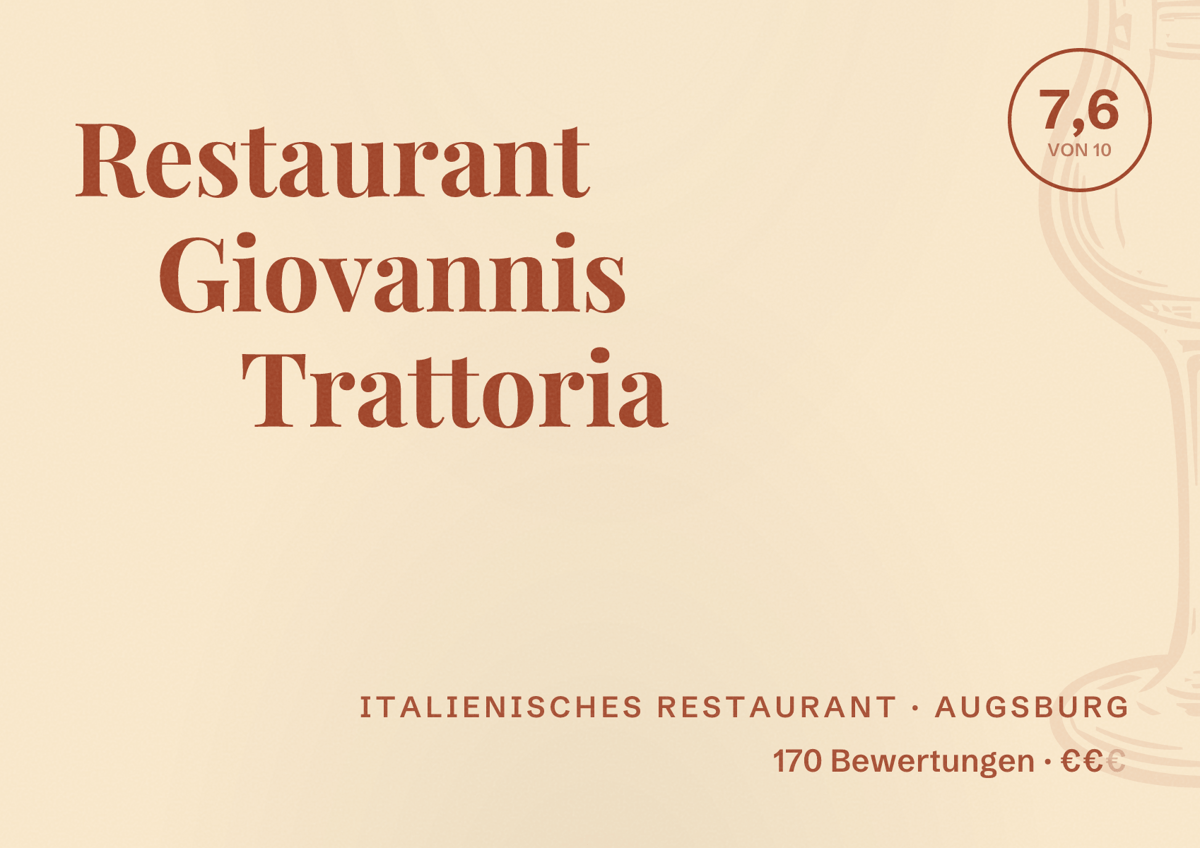 Illustriertes Poster von Restaurant Giovannis Trattoria, Italienisches Restaurant in Augsburg: Bewertung 7,6 von 10 aus 170 Bewertungen, Preisniveau €€
