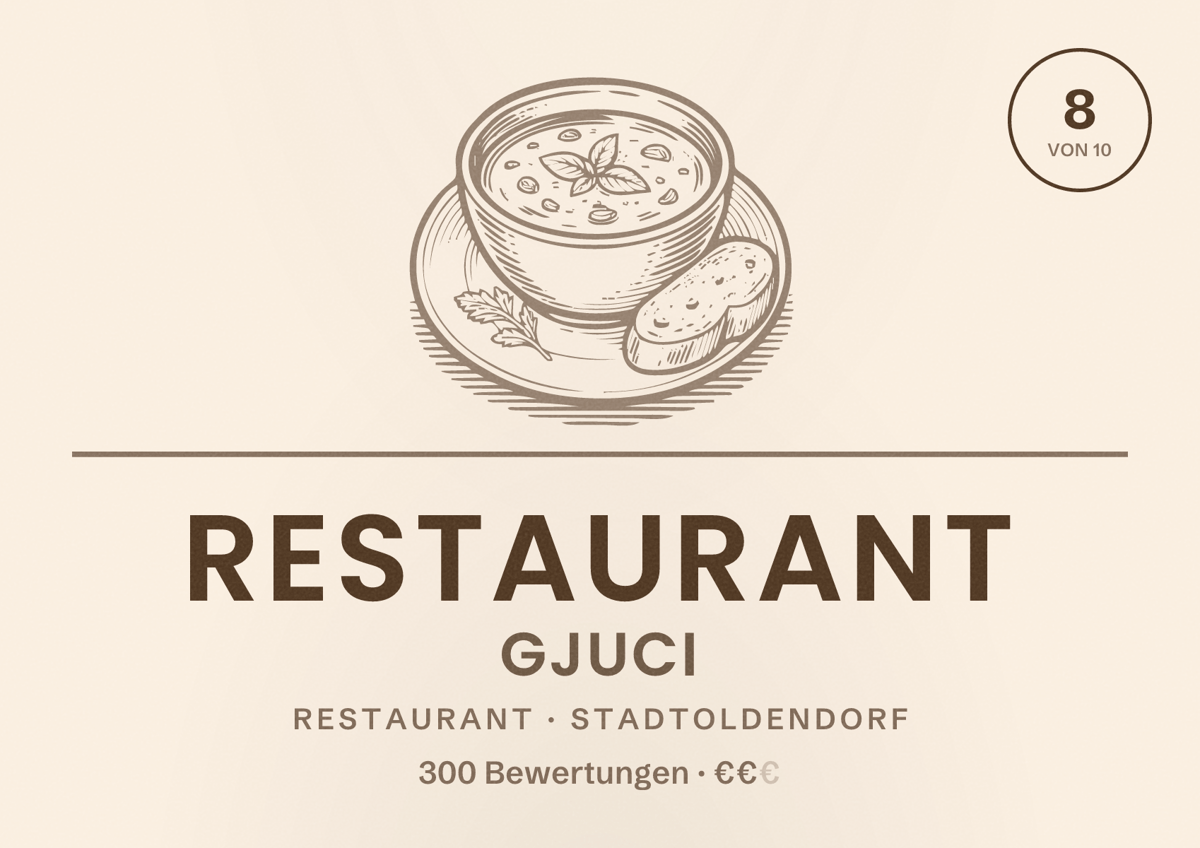 Illustriertes Poster von Restaurant Gjuci, Restaurant in Stadtoldendorf: Bewertung 8 von 10 aus 300 Bewertungen, Preisniveau €€