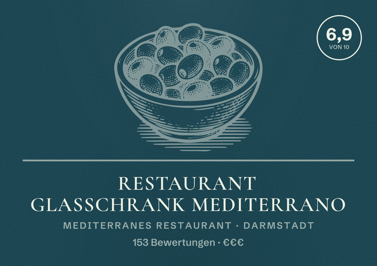 Illustriertes Poster von Restaurant Glasschrank Mediterrano, Mediterranes Restaurant in Darmstadt: Bewertung 6,9 von 10 aus 153 Bewertungen, Preisniveau €€€