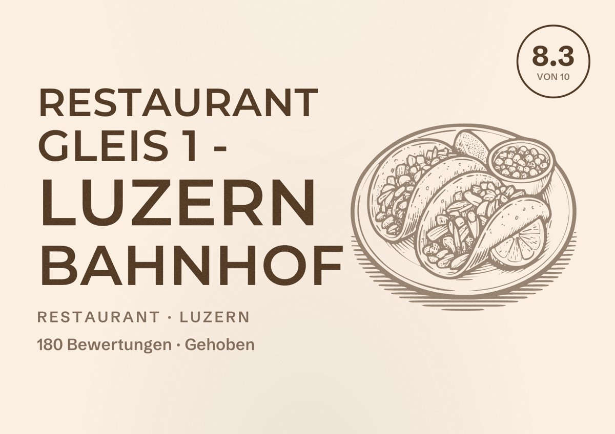 Illustriertes Poster von Restaurant Gleis 1 - Luzern Bahnhof, Restaurant in Luzern: Bewertung 8.3 von 10 aus 180 Bewertungen, Preisniveau Gehoben