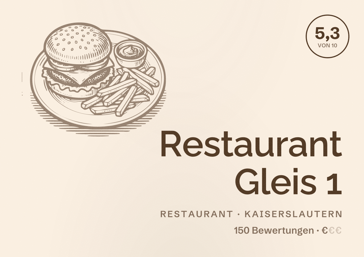 Illustriertes Poster von Restaurant Gleis 1, Restaurant in Kaiserslautern: Bewertung 5,3 von 10 aus 150 Bewertungen, Preisniveau €