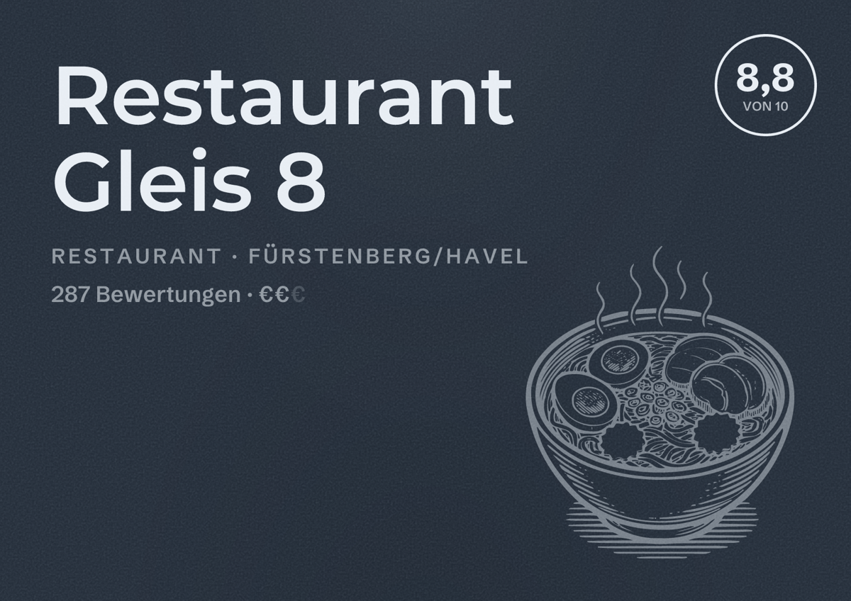 Illustriertes Poster von Restaurant Gleis 8, Restaurant in Fürstenberg/Havel: Bewertung 8,8 von 10 aus 287 Bewertungen, Preisniveau €€