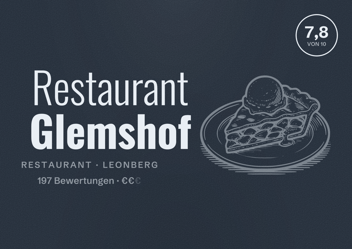 Illustriertes Poster von Restaurant Glemshof, Restaurant in Leonberg: Bewertung 7,8 von 10 aus 197 Bewertungen, Preisniveau €€