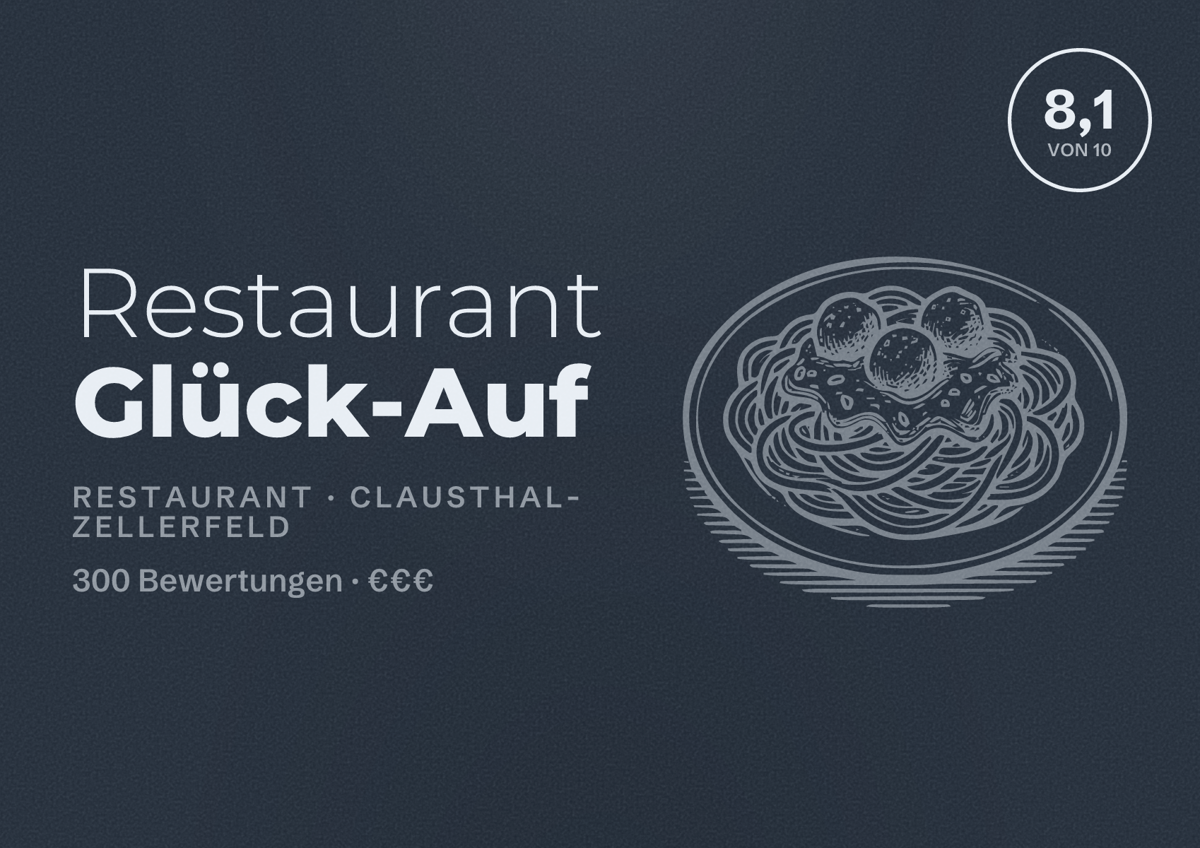 Illustriertes Poster von Restaurant Glück-Auf, Restaurant in Clausthal-Zellerfeld: Bewertung 8,1 von 10 aus 300 Bewertungen, Preisniveau €€€