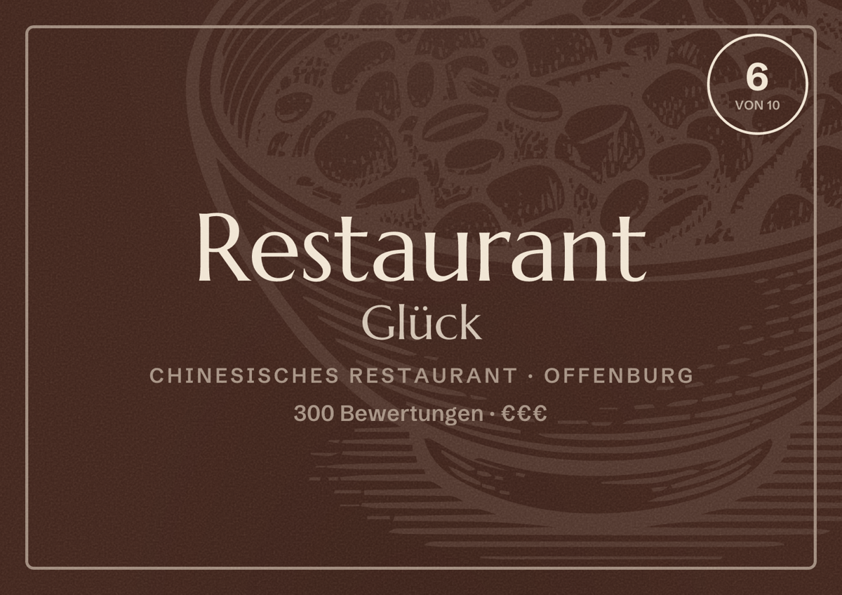 Illustriertes Poster von Restaurant Glück, Chinesisches Restaurant in Offenburg: Bewertung 6 von 10 aus 300 Bewertungen, Preisniveau €€€