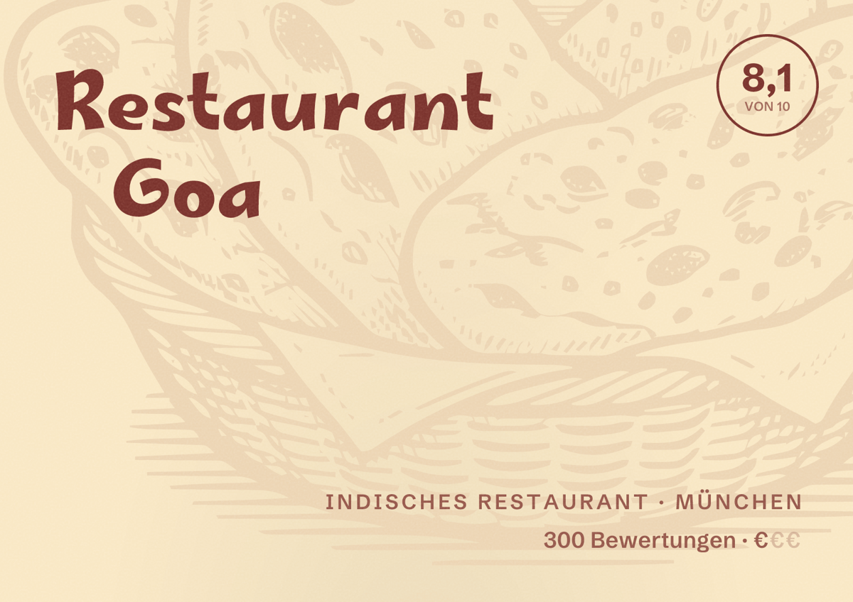 Illustriertes Poster von Restaurant Goa, Indisches Restaurant in München: Bewertung 8,1 von 10 aus 300 Bewertungen, Preisniveau €
