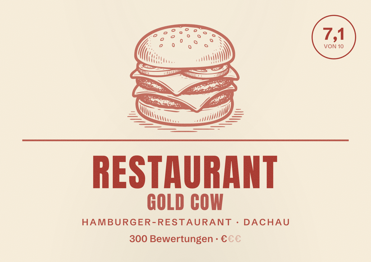 Illustriertes Poster von Restaurant Gold Cow, Hamburger-Restaurant in Dachau: Bewertung 7,1 von 10 aus 300 Bewertungen, Preisniveau €